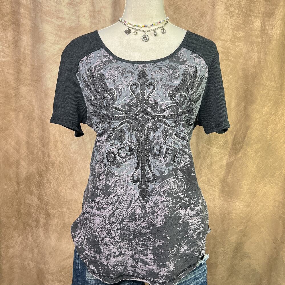 Y2K Rhinestone Cross T-Shirt Top Rocaille Angel Wings Indie Sleaze Mall Goth